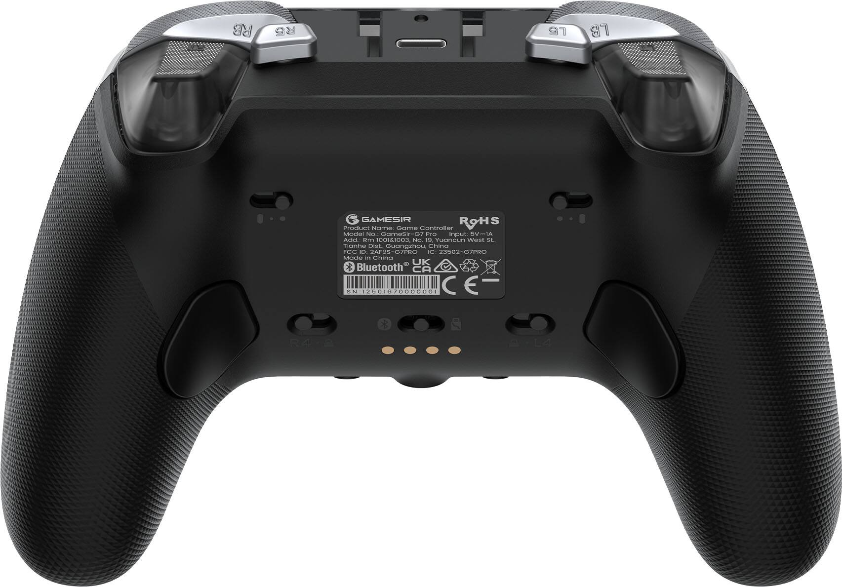 RB R5 L5 LB GAMESIR Product Name: Game Controller RoHS Model No.: Gamesir -07 Pro Input BV-1A Add m 00151003 No. 19A Yuancun West st. Tianhe Dist Guangzhou China FCC D AF9S-G7PRO IC: 23502-G7PRO Made in China UK Bluetooth CA SN 2601 7000000 E L4