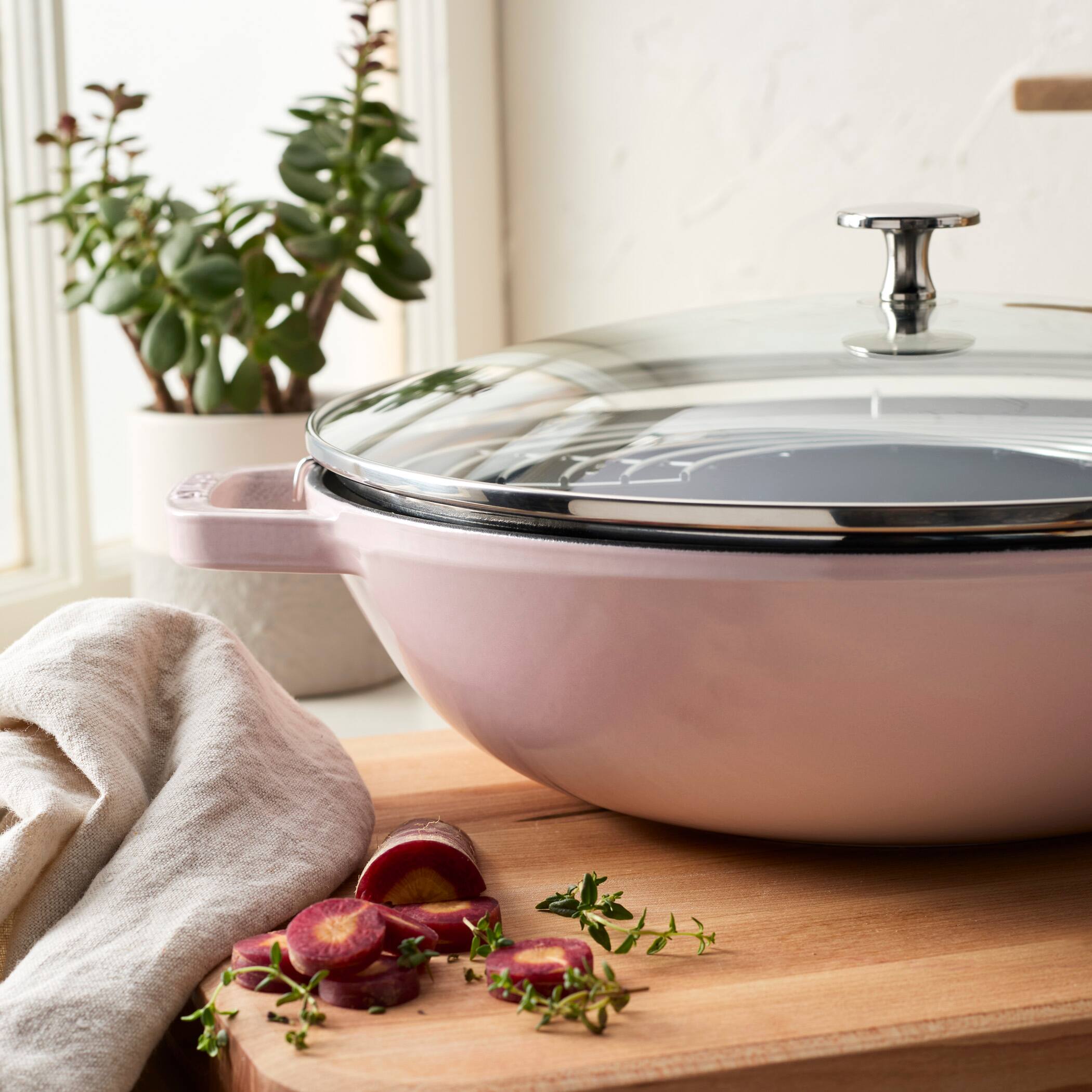 Alt View 4. Staub - Staub Cast Iron Perfect Pan , Wok, 4.5-quart,  serves 4-5, Made in France, Peony Pink - Pink Peony.