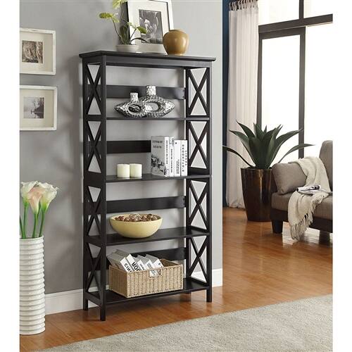 Angle. SlickBlue - Glossy Black 5-Shelf Storage Bookcase for Living Room - Black.