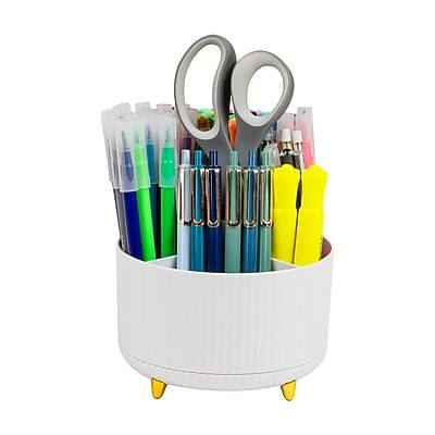 Front. Mind Reader - Rotating Pen Cup, 5-Compartment Accessory Holder for Desk Supplies, Desktop Organizer, Plastic - White.