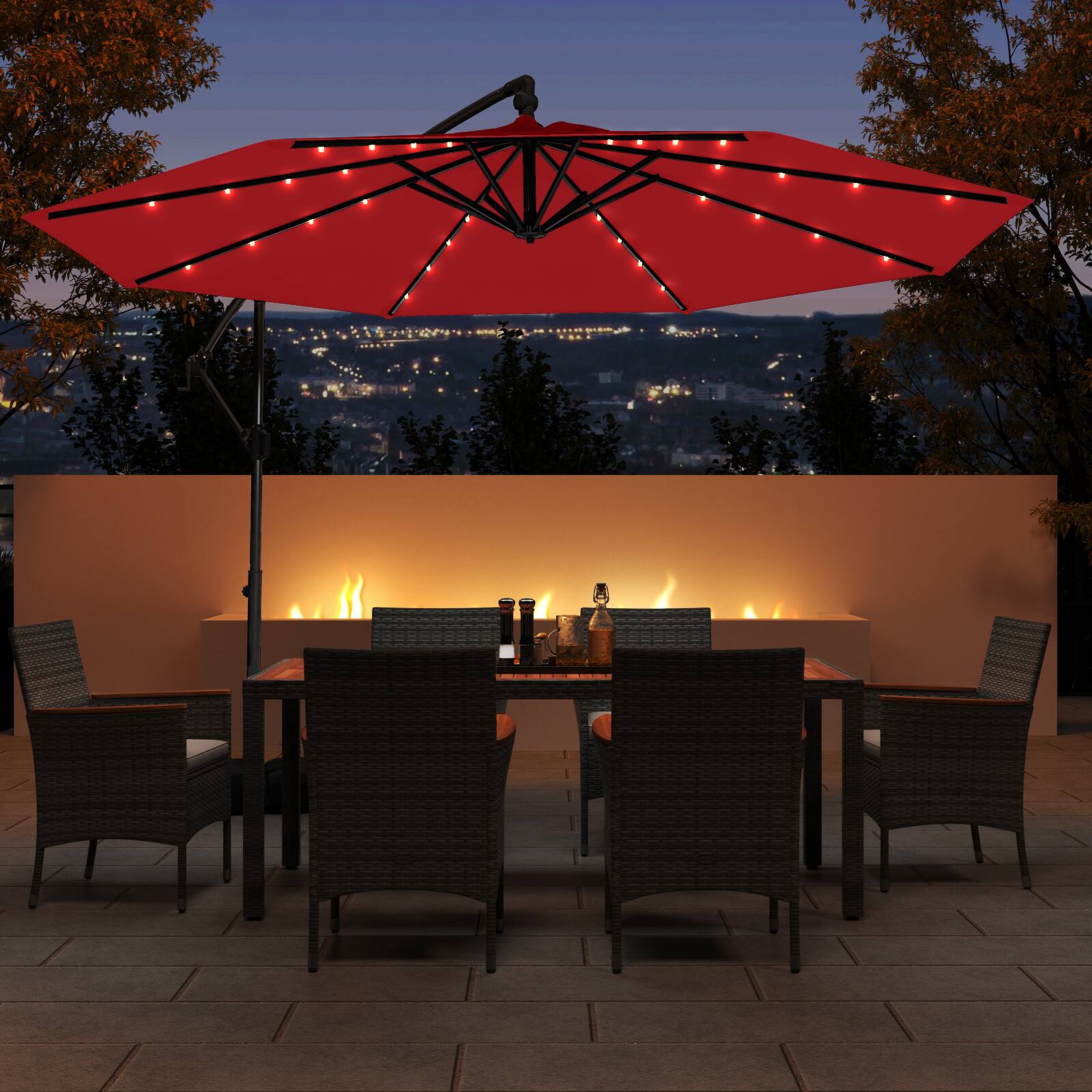 Front. Mondawe - 10 FT Solar Offset Hanging Umbrella with Base and 32 LED Lights - Wine.