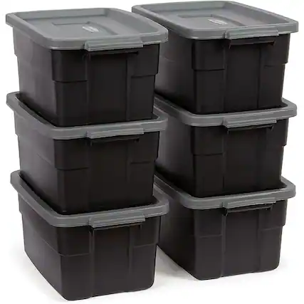 Front. RubberMaid - Rubbermaid Roughneck Tote 3 Gallon Storage Container, Black/Cool Gray (6 Pack) - Black and Grey.