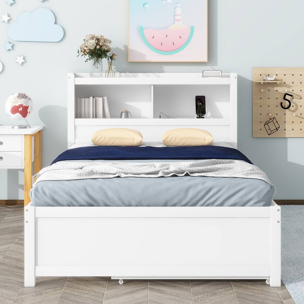 Back. Loheer - Loheer Full Size Platform Bed with Trundle, Storage Drawers and USB Ports, White Captains Bed with Bookcase Headboard - White.