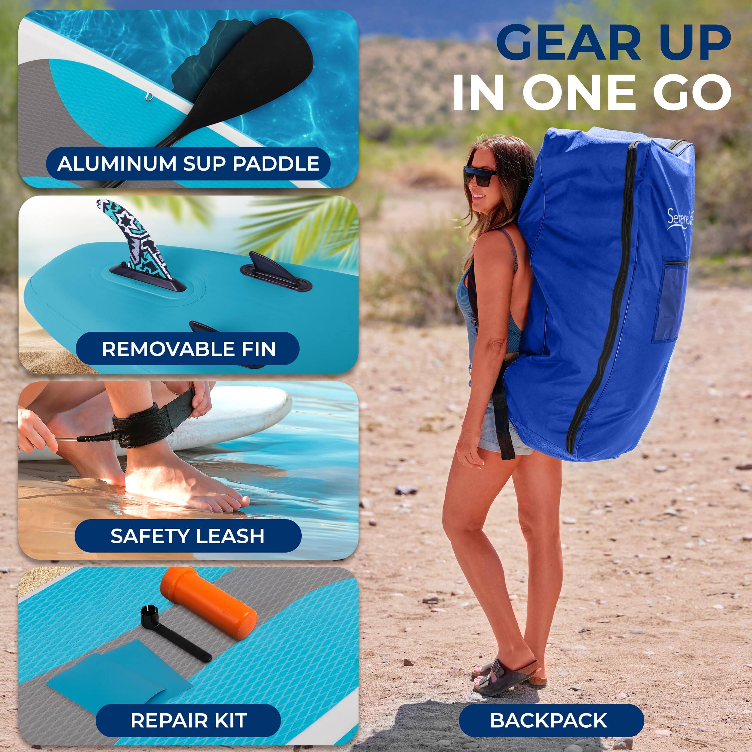 GEAR UP IN ONE GO

- ALUMINUM SUP PADDLE
- REMOVABLE FIN
- SAFETY LEASH
- REPAIR KIT
- BACKPACK