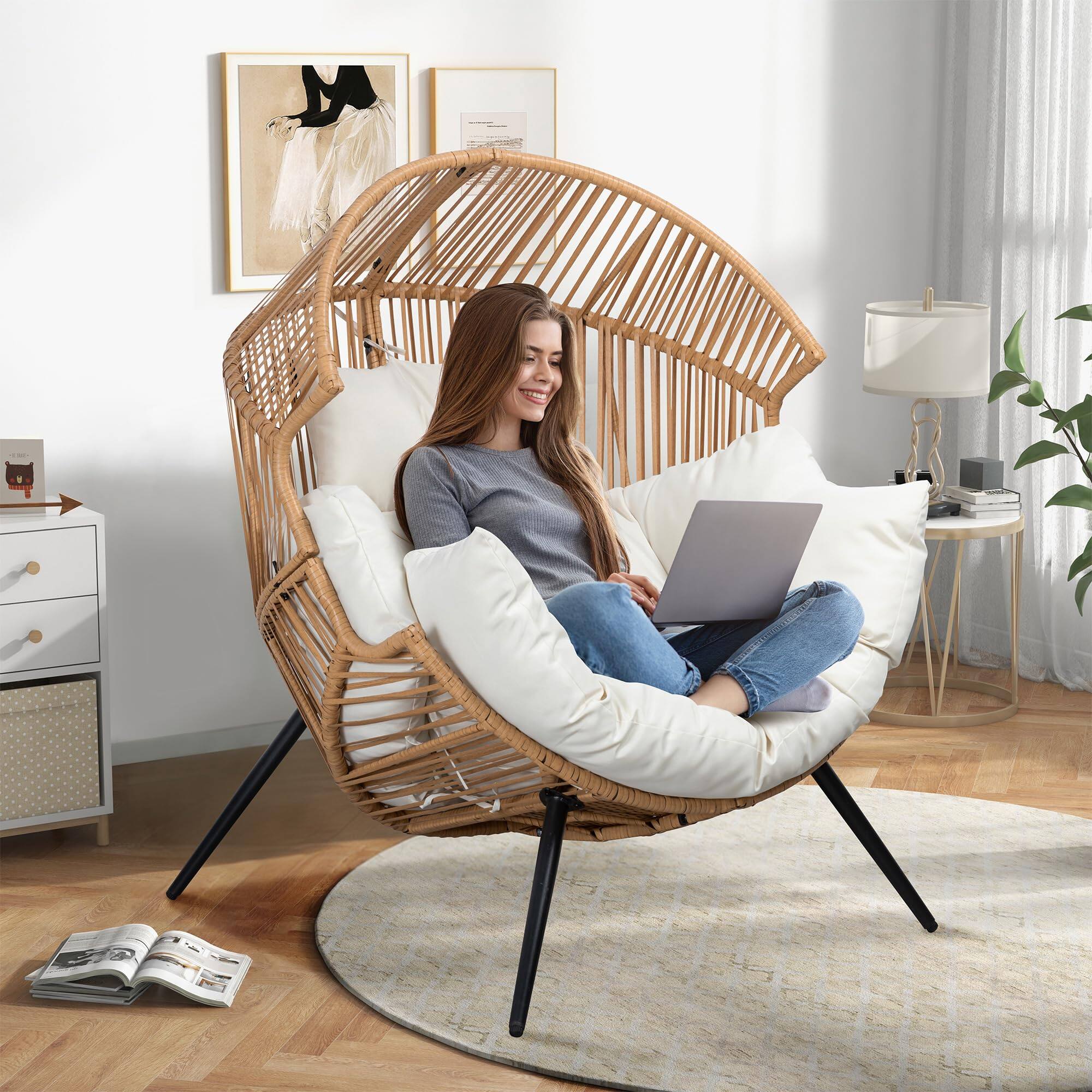 Alt View 3. Fabibe - Wicker Egg Chair Outdoor Rattan Patio Chair with Cushion,Oversized Patio Lounge Chairs with Cushion Egg Basket... - Beige Egg Chair.