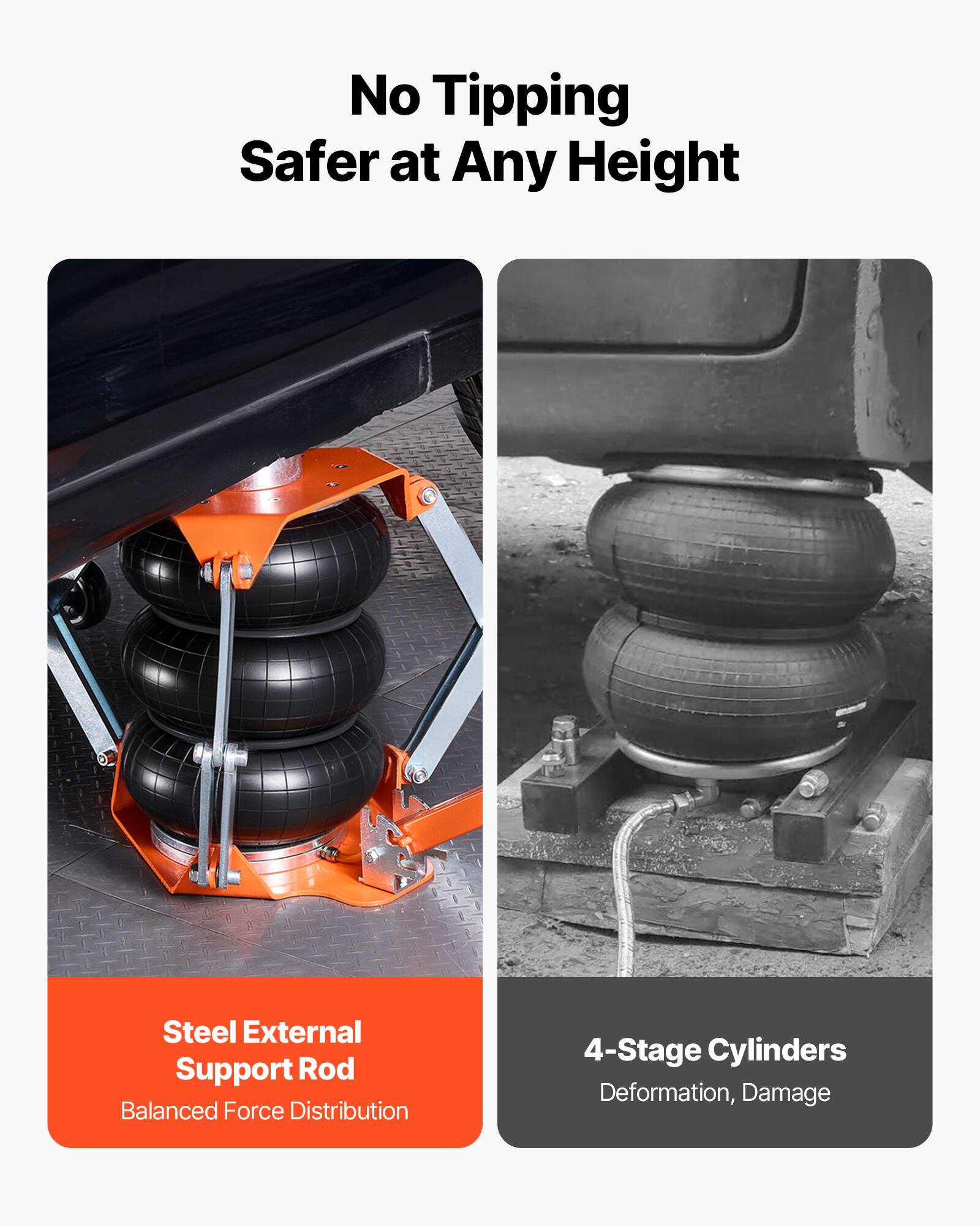 No Tipping  
Safer at Any Height

Steel External Support Rod  
Balanced Force Distribution

4-Stage Cylinders  
Deformation, Damage
