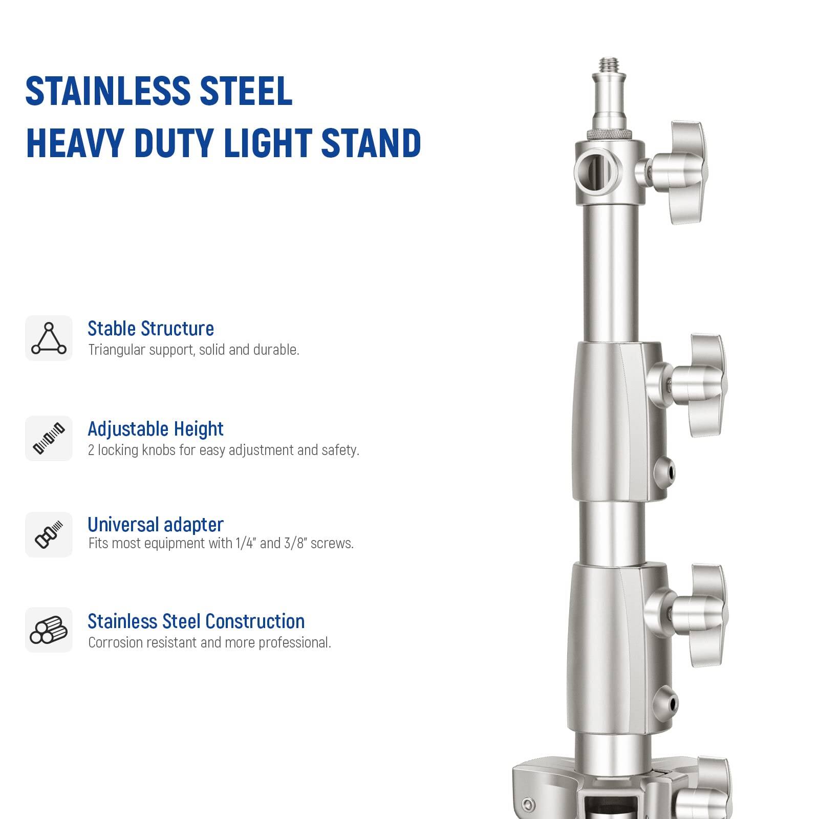 STAINLESS STEEL HEAVY DUTY LIGHT STAND

- Stable Structure
  - Triangular support, solid and durable.

- Adjustable Height
  - 2 locking knobs for easy adjustment and safety.

- Universal adapter
  - Fits most equipment with 1/4" and 3/8" screws.

- Stainless Steel Construction
  - Corrosion resistant and more professional.