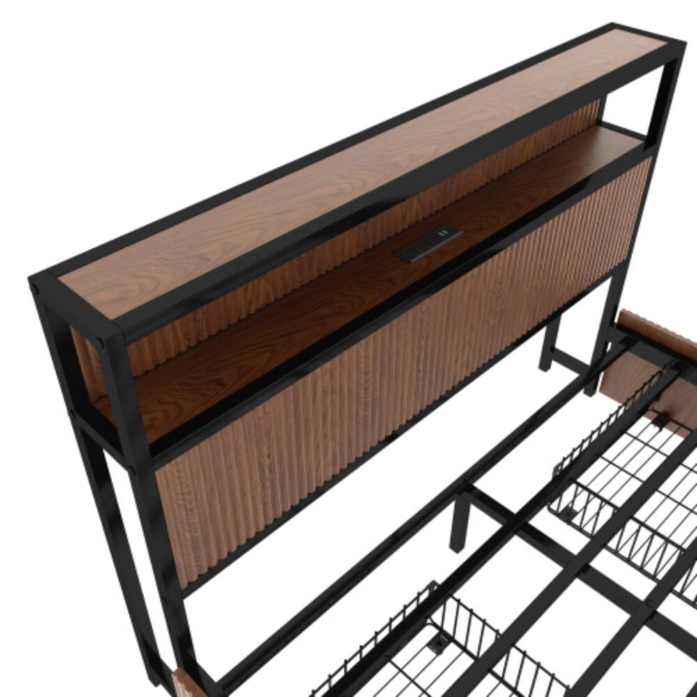 Alt View 1. LUCKY ONE - Queen Size Wooden Platform Bed Frame with Multiple Drawers Storage, USB Socket, Raised Pattern Headboard - Natural Wood.