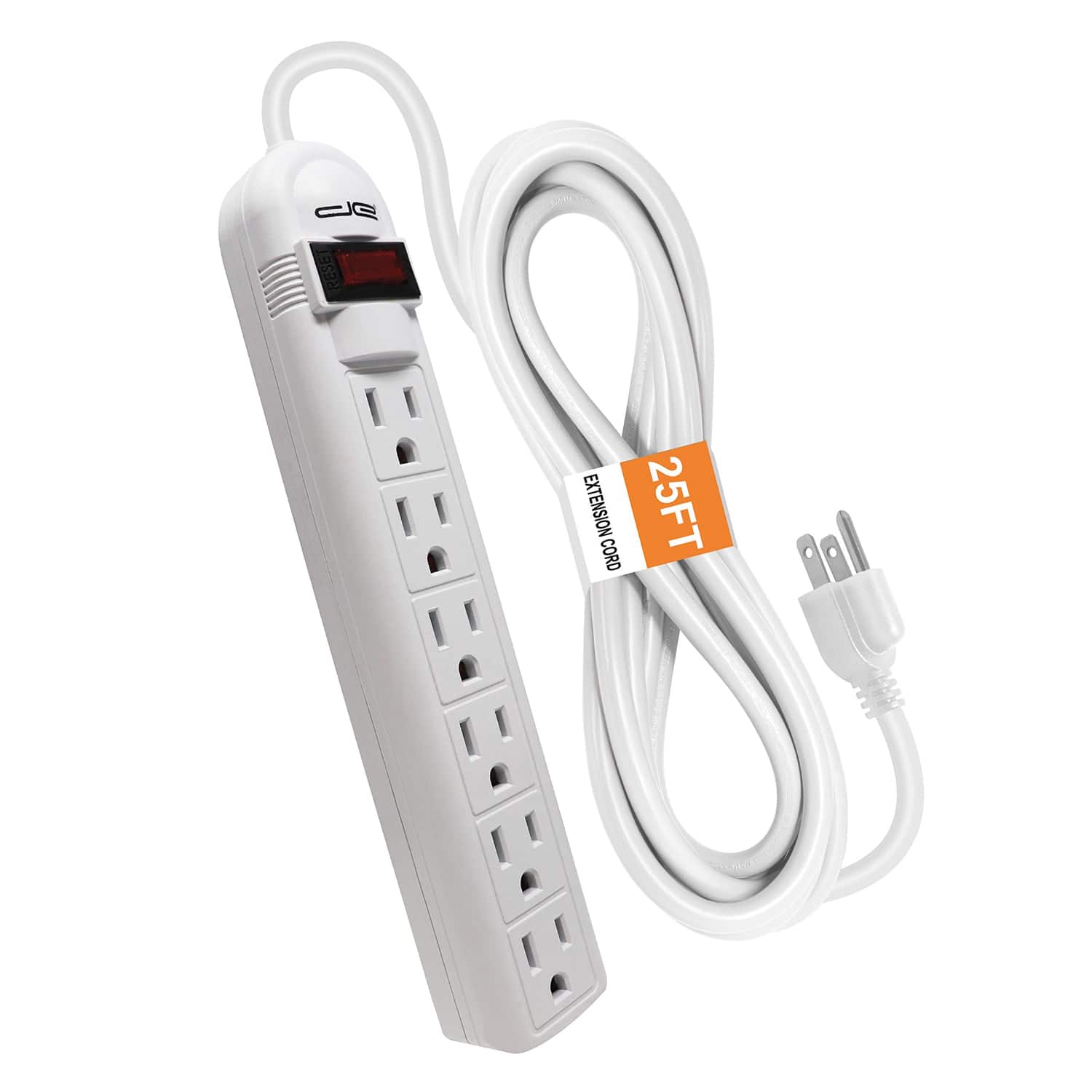 Digital Energy - 6-AC Outlet 350-Joule Surge Protector Power Strip with Straight Plug 25 Ft - White