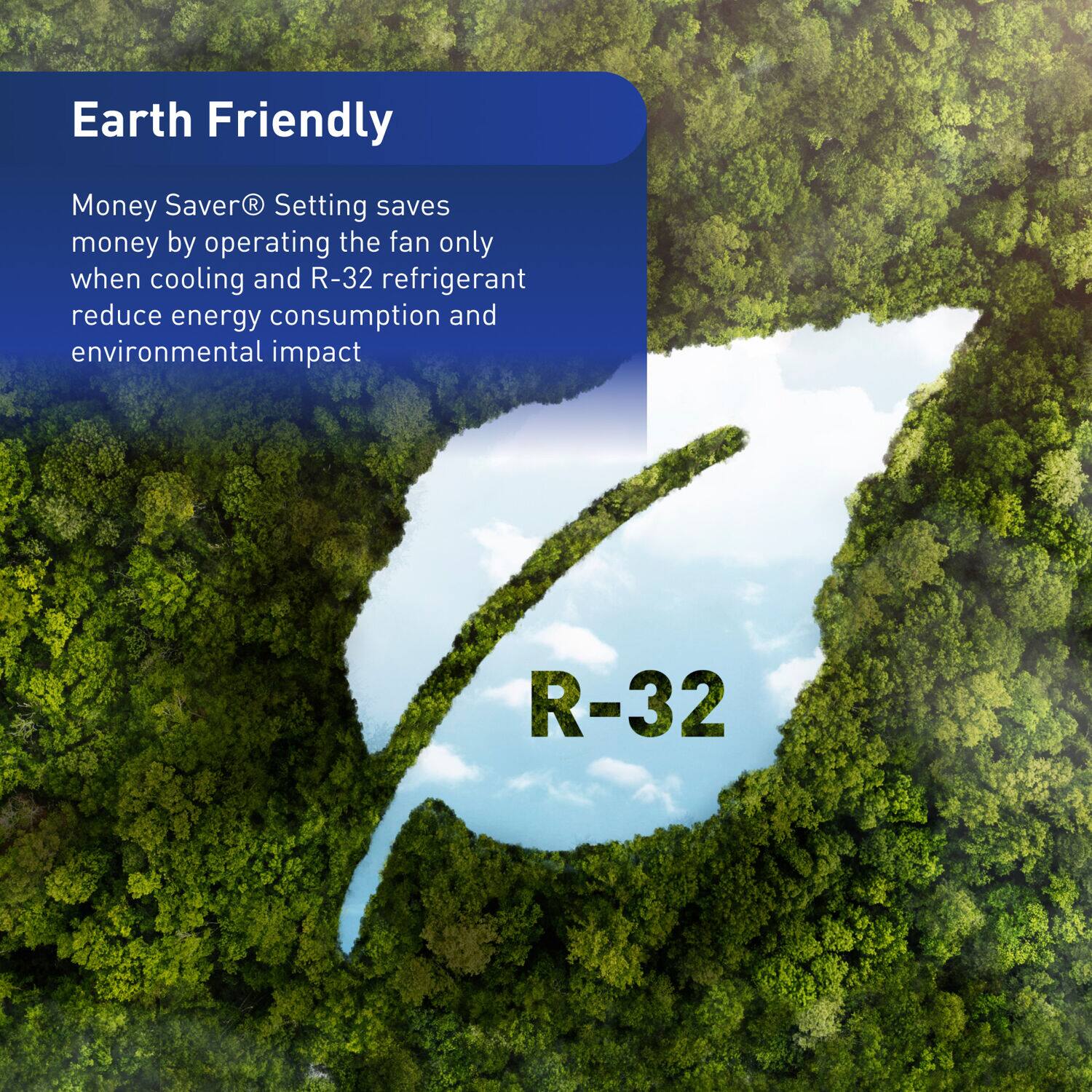 Earth Friendly Money Saver R-32 Setting saves money by operating the fan only when cooling and using R-32 refrigerant, which reduces energy consumption and environmental impact.