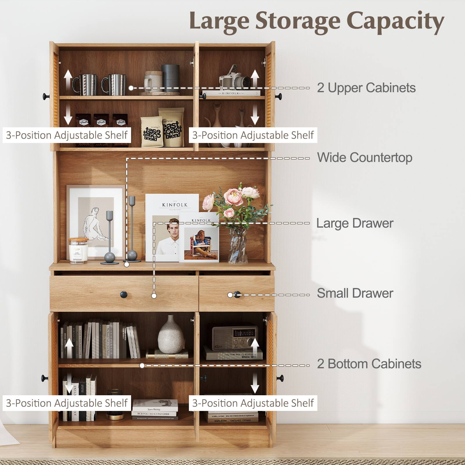 Large Storage Capacity

- 2 Upper Cabinets
- 3-Position Adjustable Shelf
- 3-Position Adjustable Shelf
- Wide Countertop
- Large Drawer
- Small Drawer
- 2 Bottom Cabinets
- 3-Position Adjustable Shelf
- 3-Position Adjustable Shelf