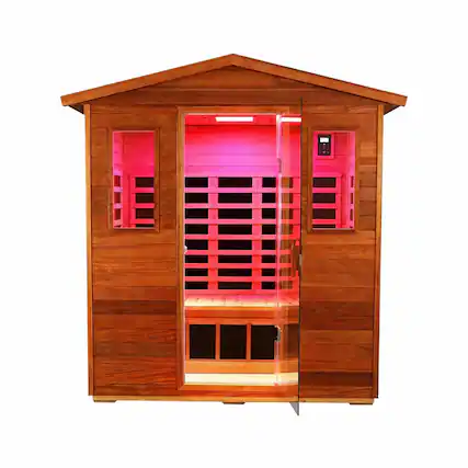Front. RYHNUYNE - 3 Person Outdoor Far Infrared Sauna, Mahogany Wood, Red and Near-IR Light, 81.1 in, 1950W - Natural Wood.