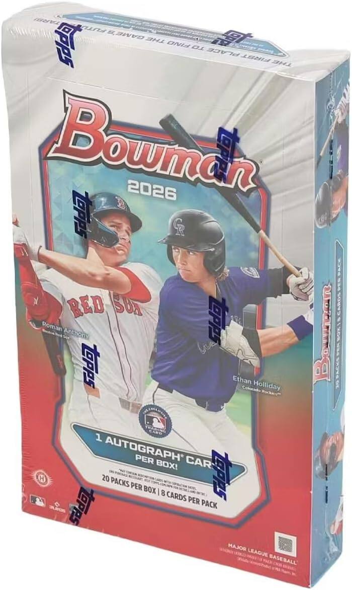 Bowman 2026 Topps Baseball Cards

- 1 Autograph Card Per Box
- 20 Packs Per Box
- 8 Cards Per Pack

Players Featured:
- Roman Anthony (Red Sox)
- Ethan Holliday (Colorado Rockies)