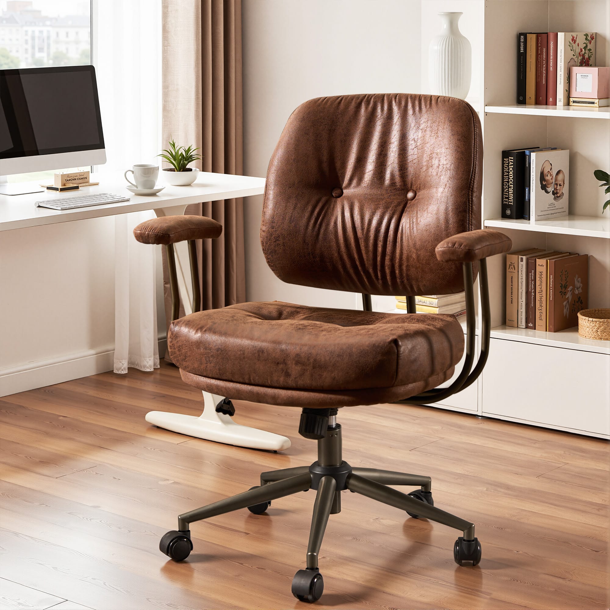 Ovios - Executive Office Chair, 300lbs Capacity, Mid Back Suede Fabric Chair, Ergonomic Computer Chair - Dark Brown