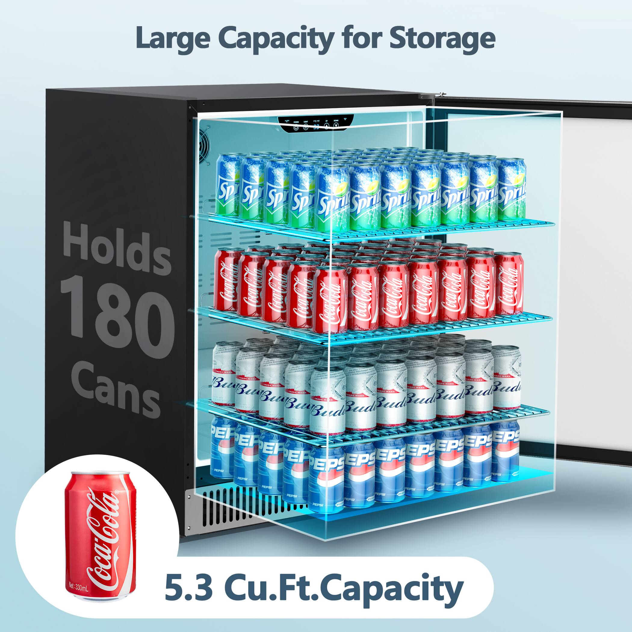 Large Capacity for Storage

Holds 180 Cans

5.3 Cu.Ft. Capacity