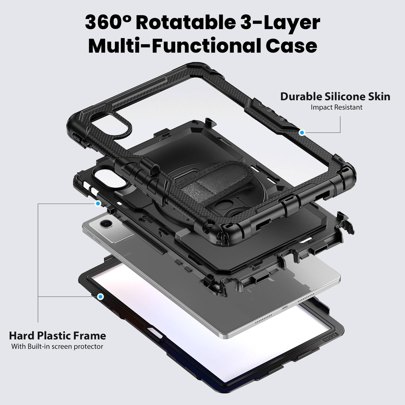 360° Rotatable 3-Layer Multi-Functional Case

Durable Silicone Skin
Impact Resistant

Hard Plastic Frame
With Built-in screen protector