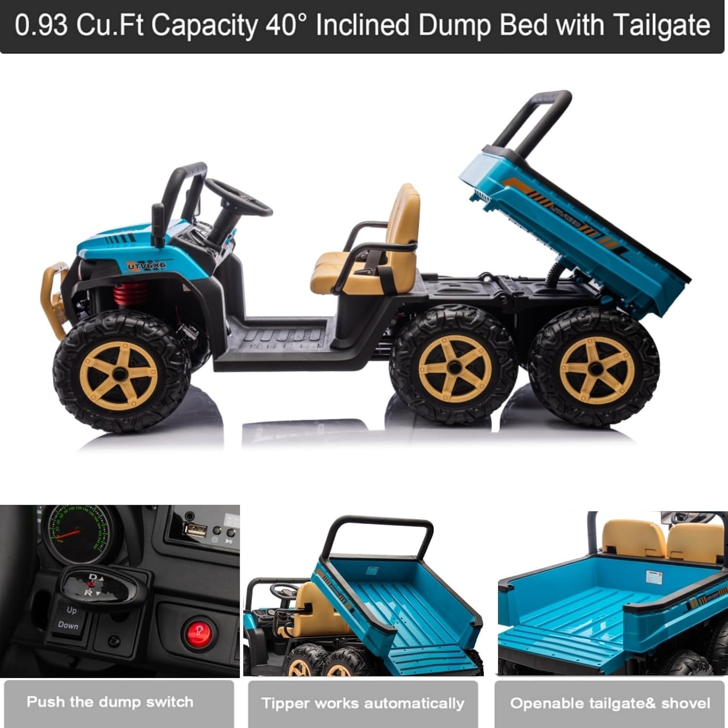 0.93 Cu.Ft Capacity 40° Inclined Dump Bed with Tailgate

Push the dump switch
Tipper works automatically
Openable tailgate & shovel