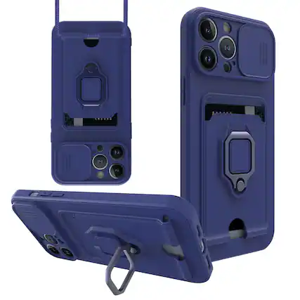 Front. Reiko - iPhone 13 Pro Case Navy with Camera Cover, Kickstand, Slide Lens Protector, Magnetic Ring, Strap & Card Holder - Navy.