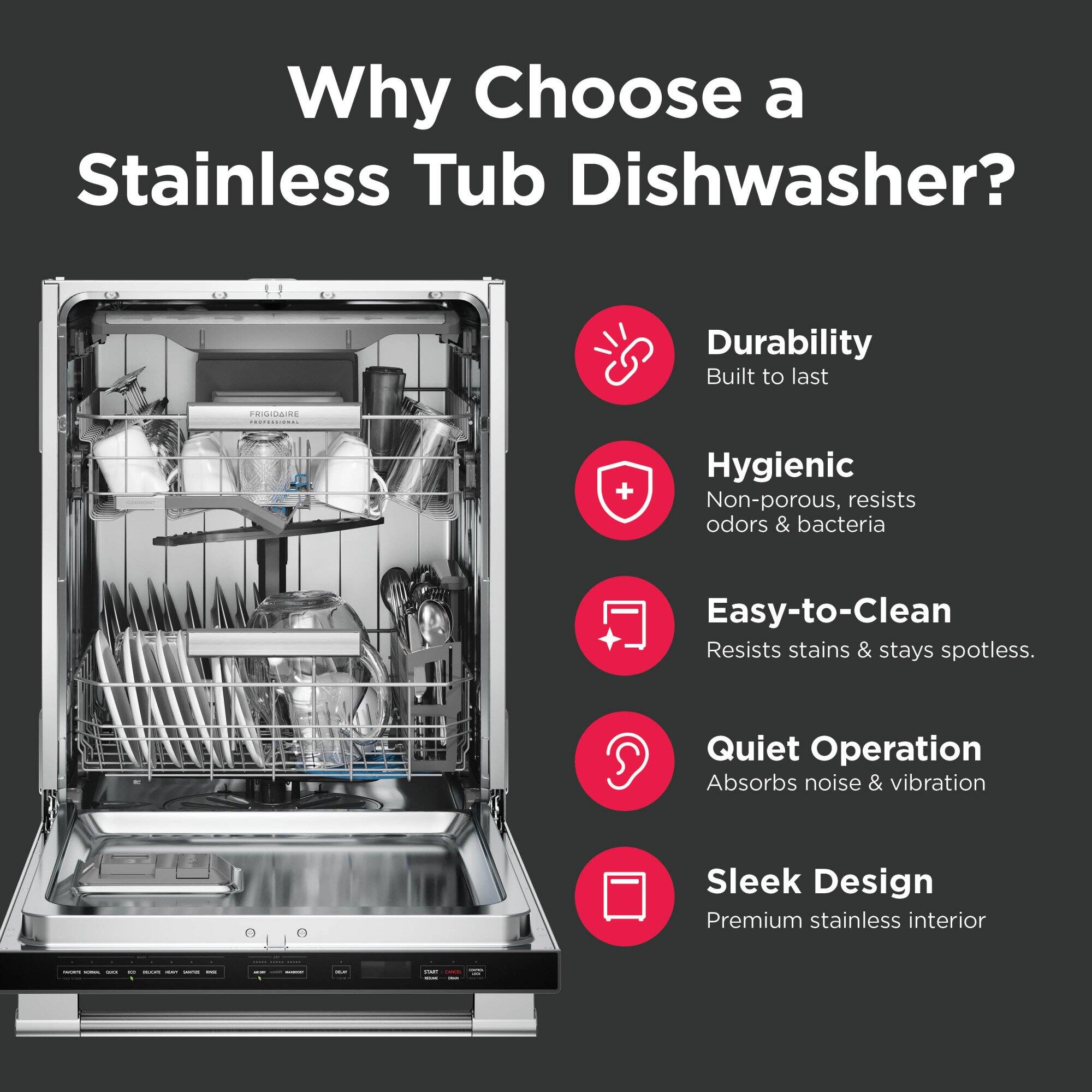 Why Choose a Stainless Tub Dishwasher? Durability Built to last | Hygienic Non-porous, resists odors & bacteria | Easy-to-Clean Resists stains & stays spotless. | Quiet Operation Absorbs noise & vibration | Sleek Design Premium stainless interior