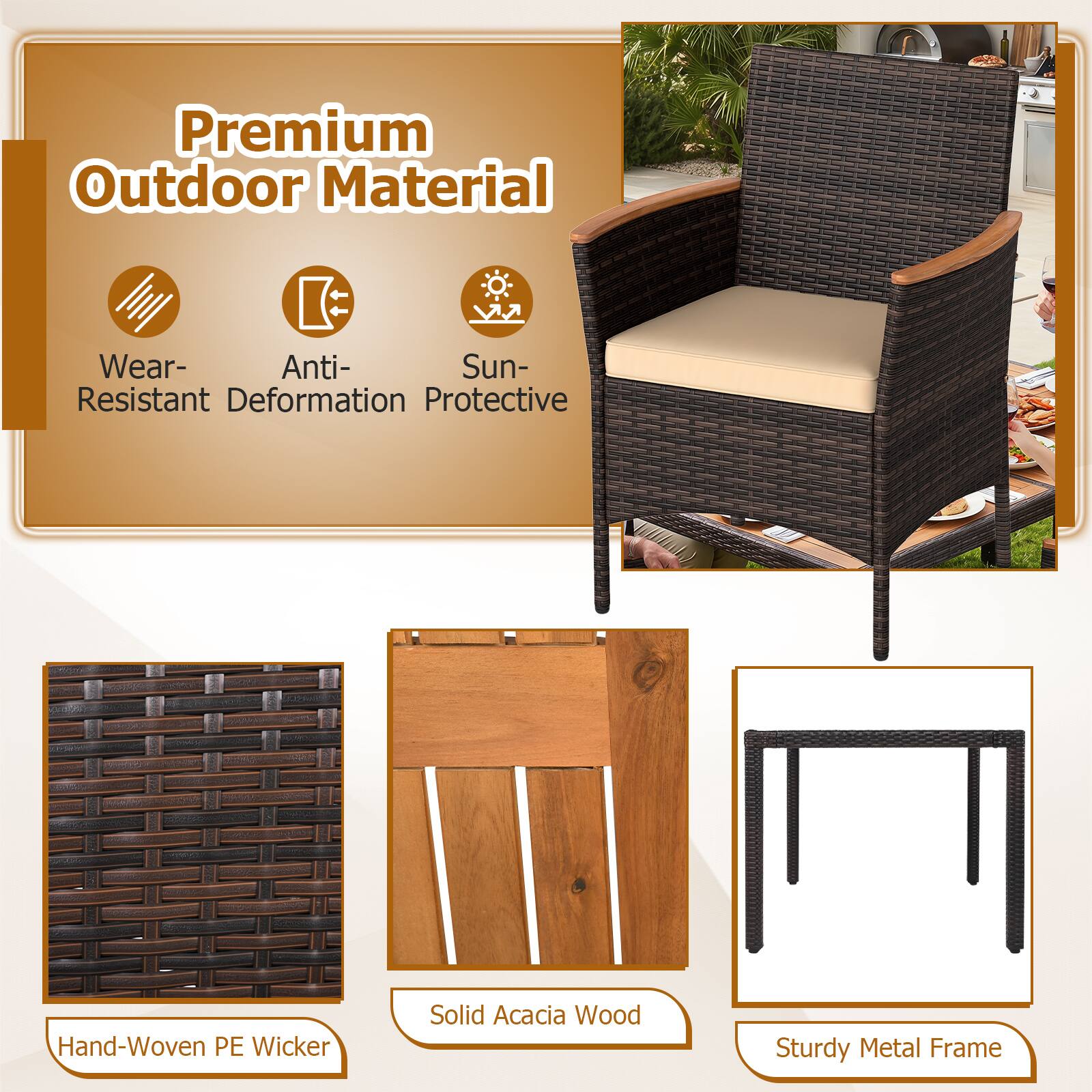 Premium Outdoor Material  
- Wear-Resistant  
- Anti-Deformation  
- Sun-Protective  

Hand-Woven PE Wicker  
Solid Acacia Wood  
Sturdy Metal Frame