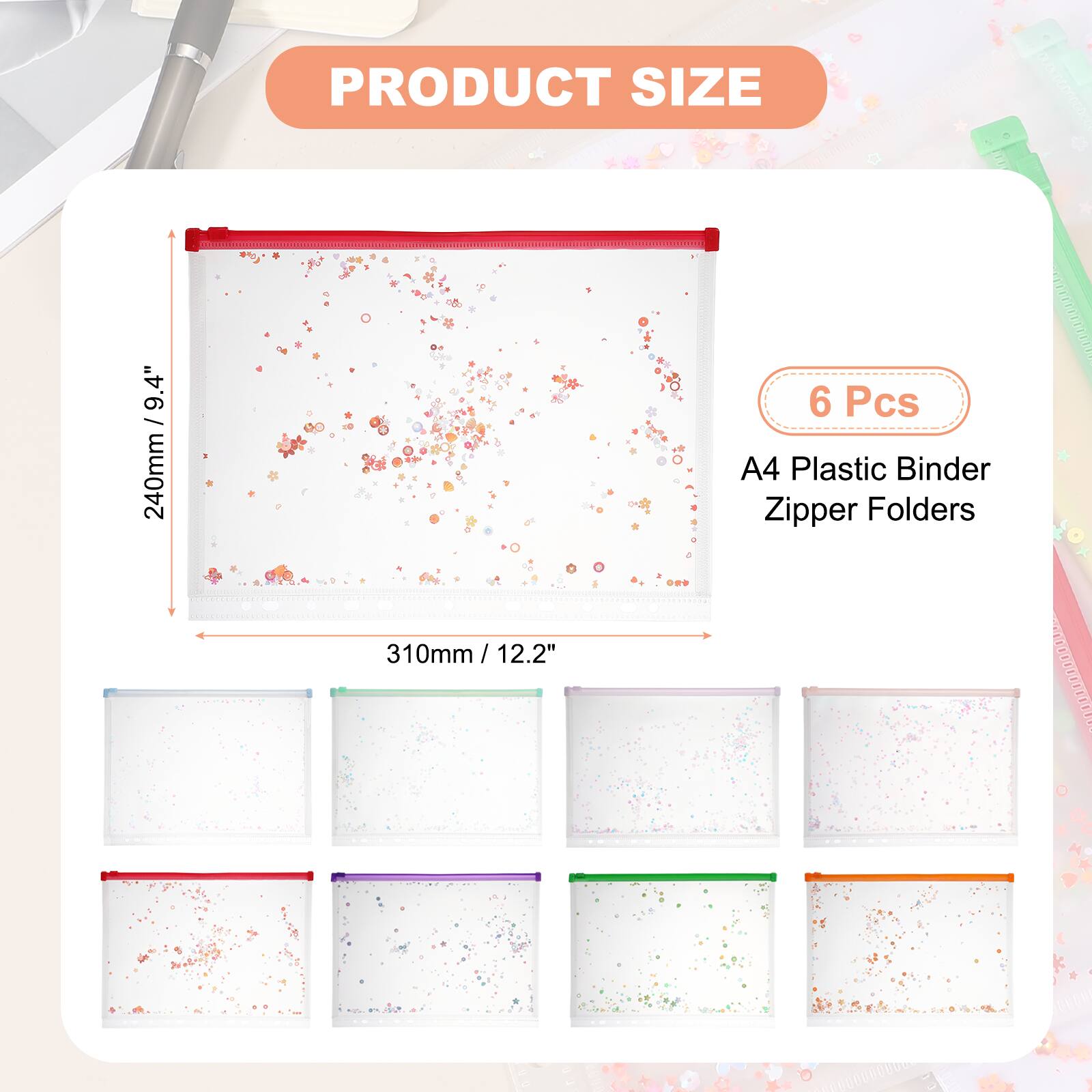 Unique Bargains 6pcs A4 Plastic Binder Zipper Pockets 12x9 Inch Clear ...