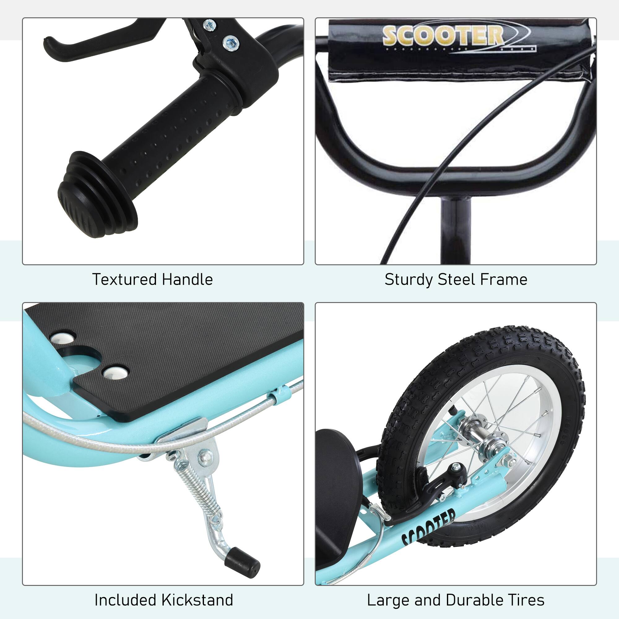 - Textured Handle
- Sturdy Steel Frame
- Included Kickstand
- Large and Durable Tires