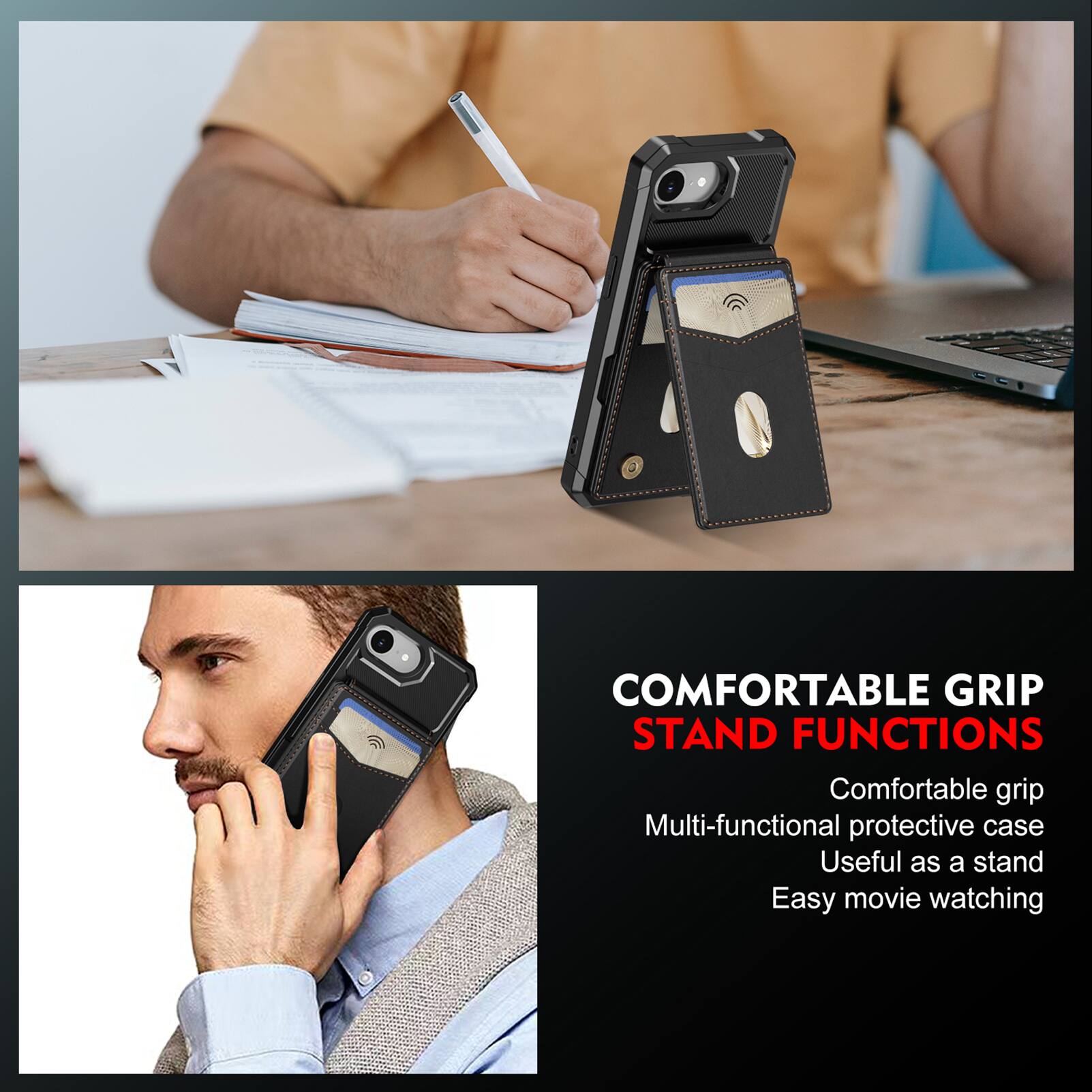 COMFORTABLE GRIP STAND FUNCTIONS

Comfortable grip
Multi-functional protective case
Useful as a stand
Easy movie watching