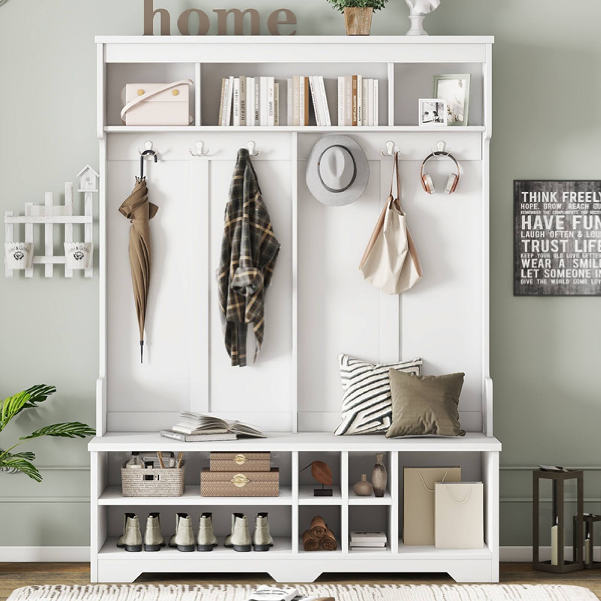 Sure, here is the corrected and grouped text from the image:

---

**home**

**THINK FREELY**  
**HOPE BROADEN**  
**HAVE FUN**  
**LAUGH OFTEN & LOUD**  
**TRUST LIFE**  
**WEAR A SMILE**  
**LET SOMEONE IN**  
**GIVE THE WORLD SOME LOVE**

---

This text is part of a decorative sign in the image.