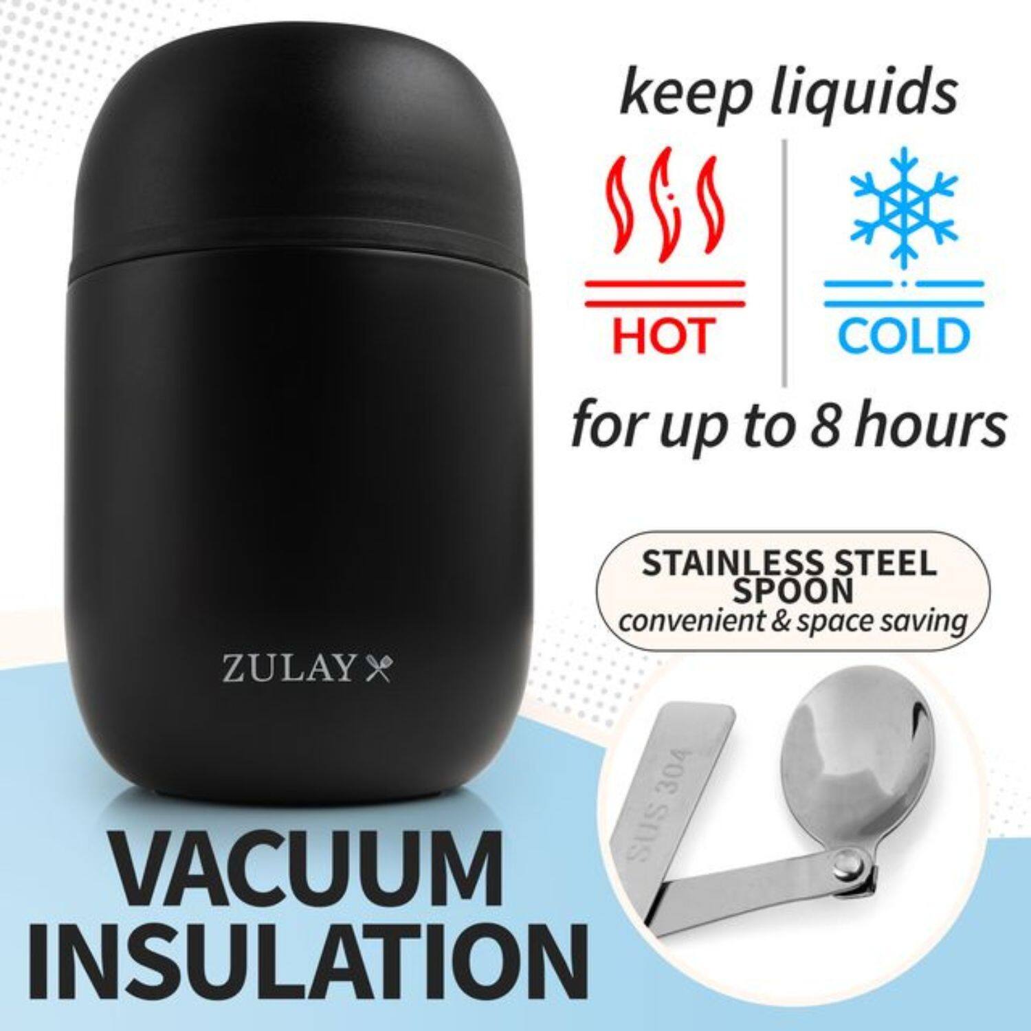 ZULAY, STAINLESS STEEL SPOON, VACUUM INSULATION, keep liquids HOT COLD for up to 8 hours, convenient & space saving 304