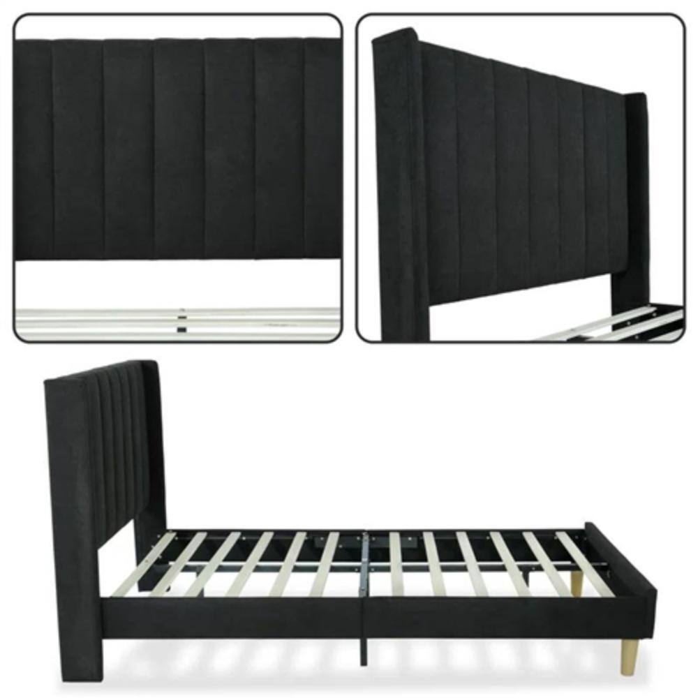 Left. Hivvago - Twin size Mid-Century Black Linen Platform Bed Frame with Upholstered Headboard - Black.