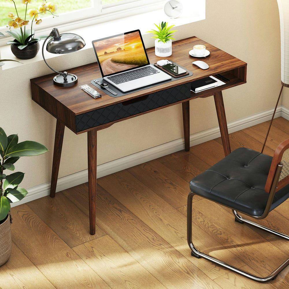 Alt View 1. Kadyn - Mid-Century Modern Computer Desk - Drawer & Open Compartment, Brown & Black - Brown.