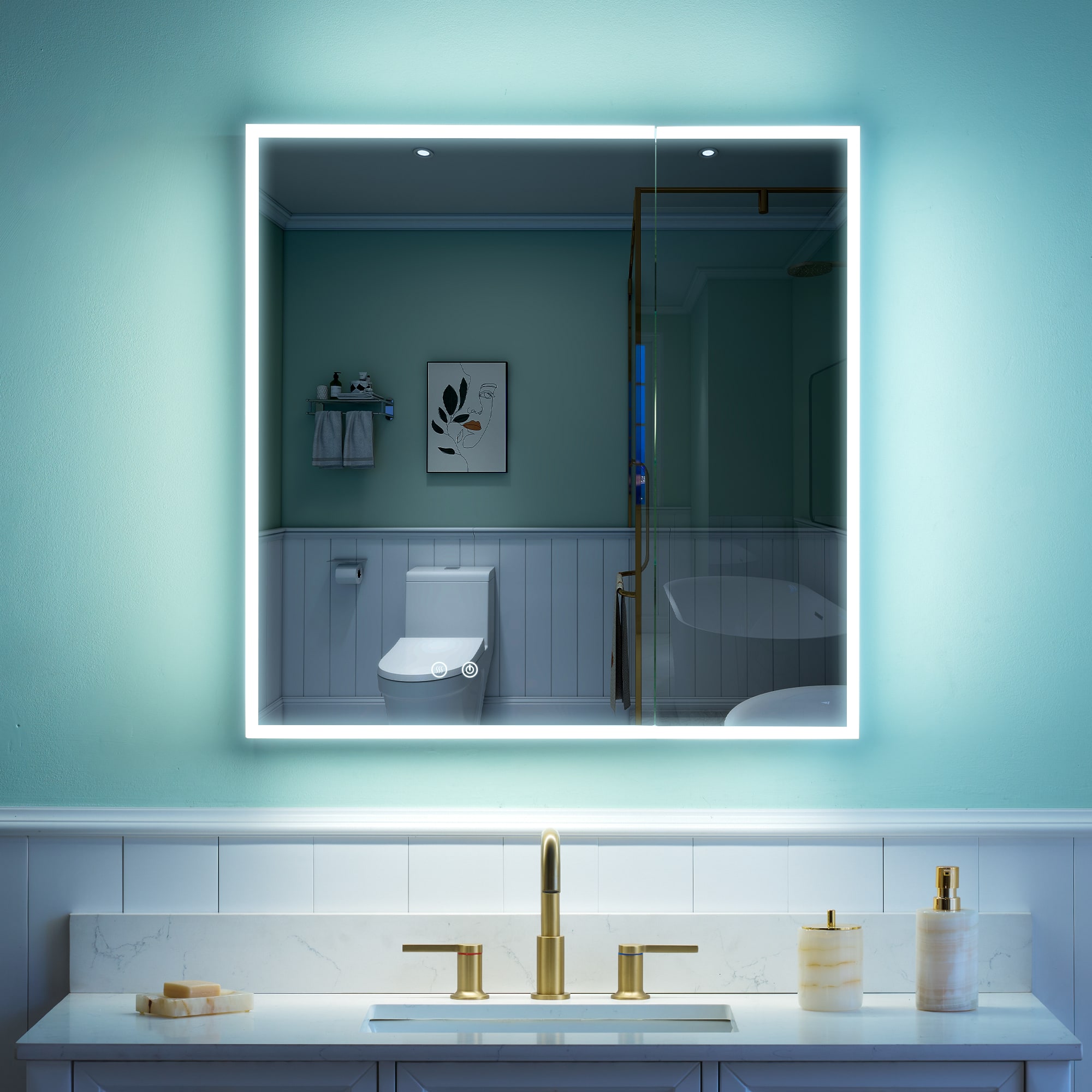 WELLFOR - 30 in. W x 30 in. H Rectangular Aluminum Recessed/Surface Mount Medicine Cabinet with Mirror and Lighted - Silver