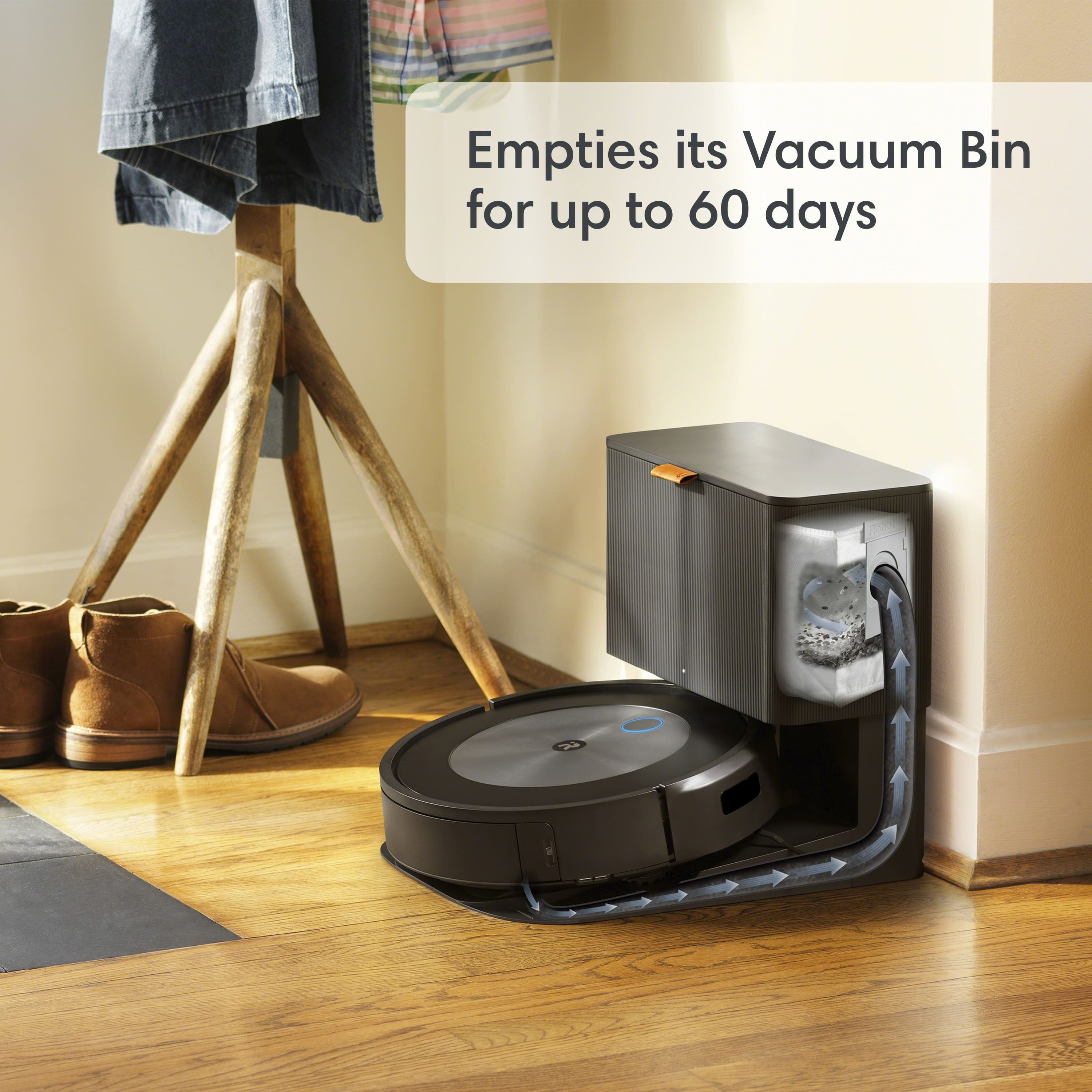 Empties its Vacuum Bin for up to 60 days.