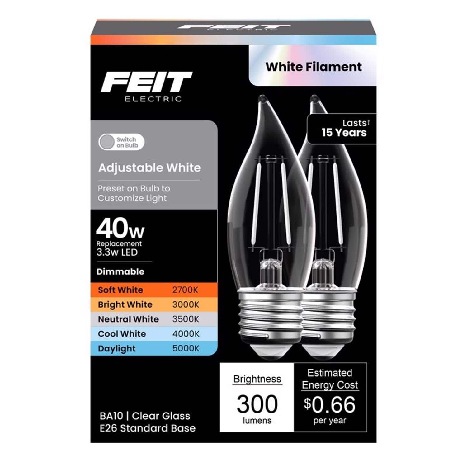 FEIT ELECTRIC - Feit BA10 E26 (Medium) LED Bulb Adjustable White 40 Watt Equivalence 2 pk