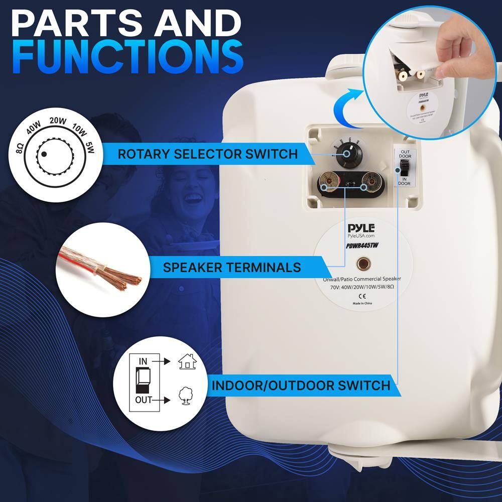 PARTS AND FUNCTIONS

- ROTARY SELECTOR SWITCH
  - 8Ω 5W 10W 20W 40W

- SPEAKER TERMINALS

- INDOOR/OUTDOOR SWITCH
  - IN
  - OUT

- SWITCH
  - OUT DOOR
  - IN DOOR

- PYLE
  - PyleUSA.com
  - POWR445TW
  - Unwall/Patio Commercial Speaker
  - 70V: 40W/20W/10W/SW/8Ω
  - CE
  - Made in China