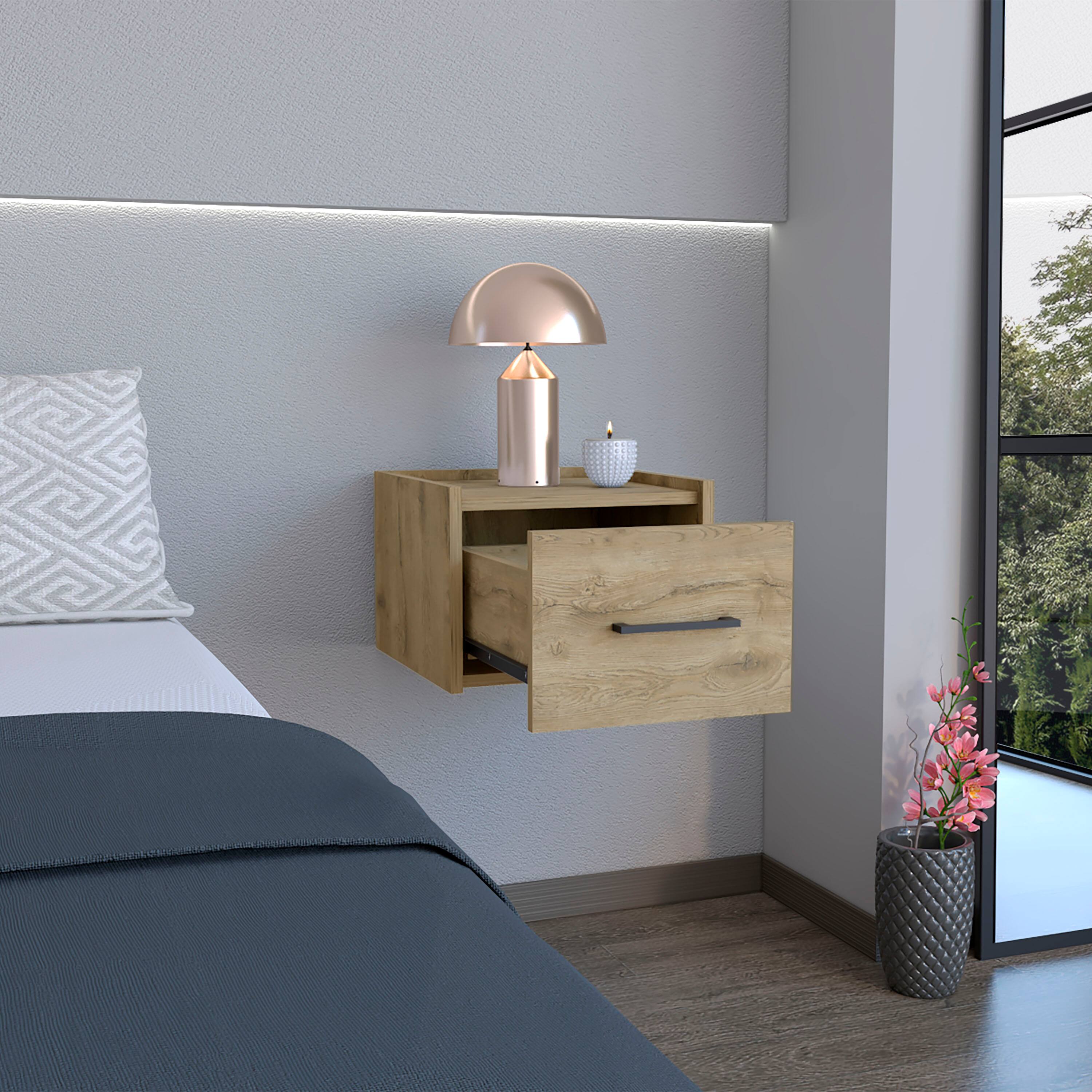 Left. Tiramisubest - Floating Nightstand, Space-Saving Design with Handy Drawer and Surface, Macadamia - Beige.