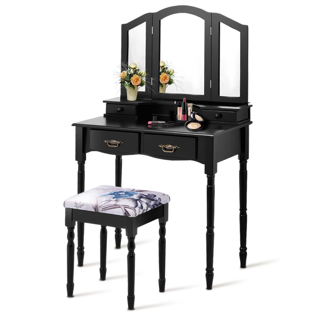 Gymax - Vanity Makeup Dressing Table Stool Set w/ Folding Mirror 4 Drawers - Black price history on PriceWatchPro