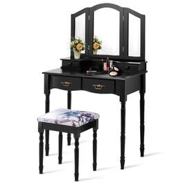 Gymax - Vanity Makeup Dressing Table Stool Set w/ Folding Mirror 4 Drawers - Black
