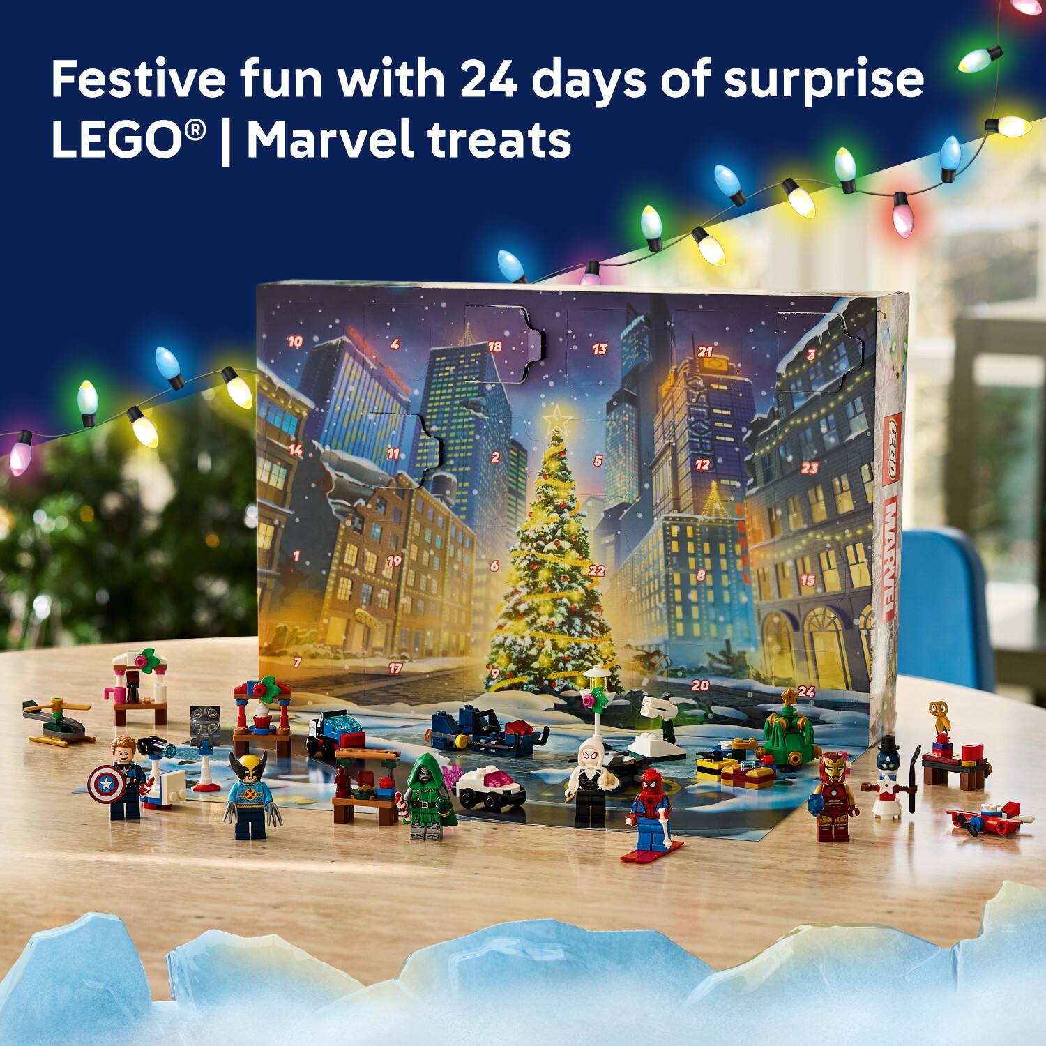 Festive fun with 24 days of surprise LEGO® | Marvel treats

10 14 1 7
4 11 19 17
18 2 6 9
13 5 22 00
21 SCOB 12 8 20
3 23 15 24 O
acao MARVEL
