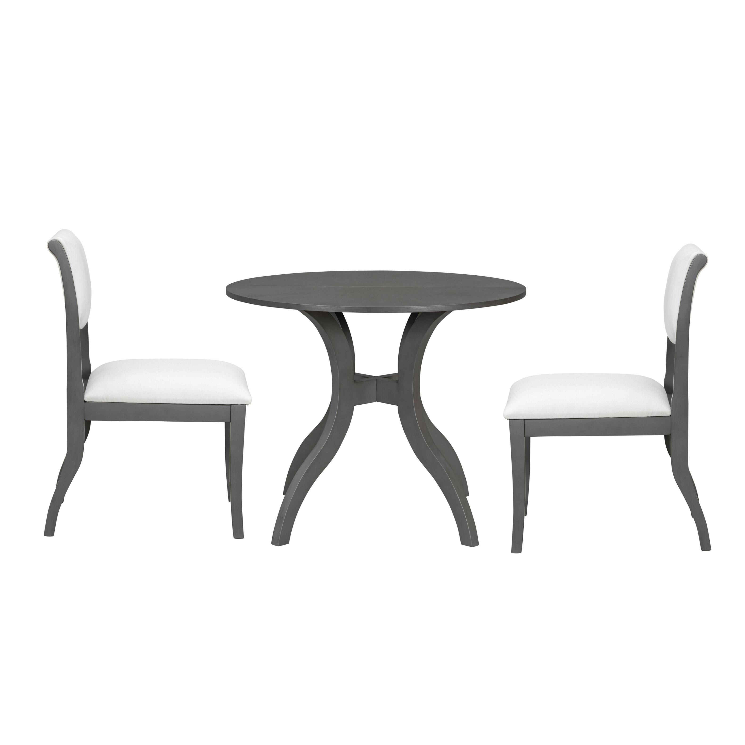 Alt View 1. TinyHomie - Dining Table Set 39.4in Round Table 2 Chairs Traditional Solid Wood Kitchen Set with Inlaid Tabletop Elegant Curved Legs - Grey and White.