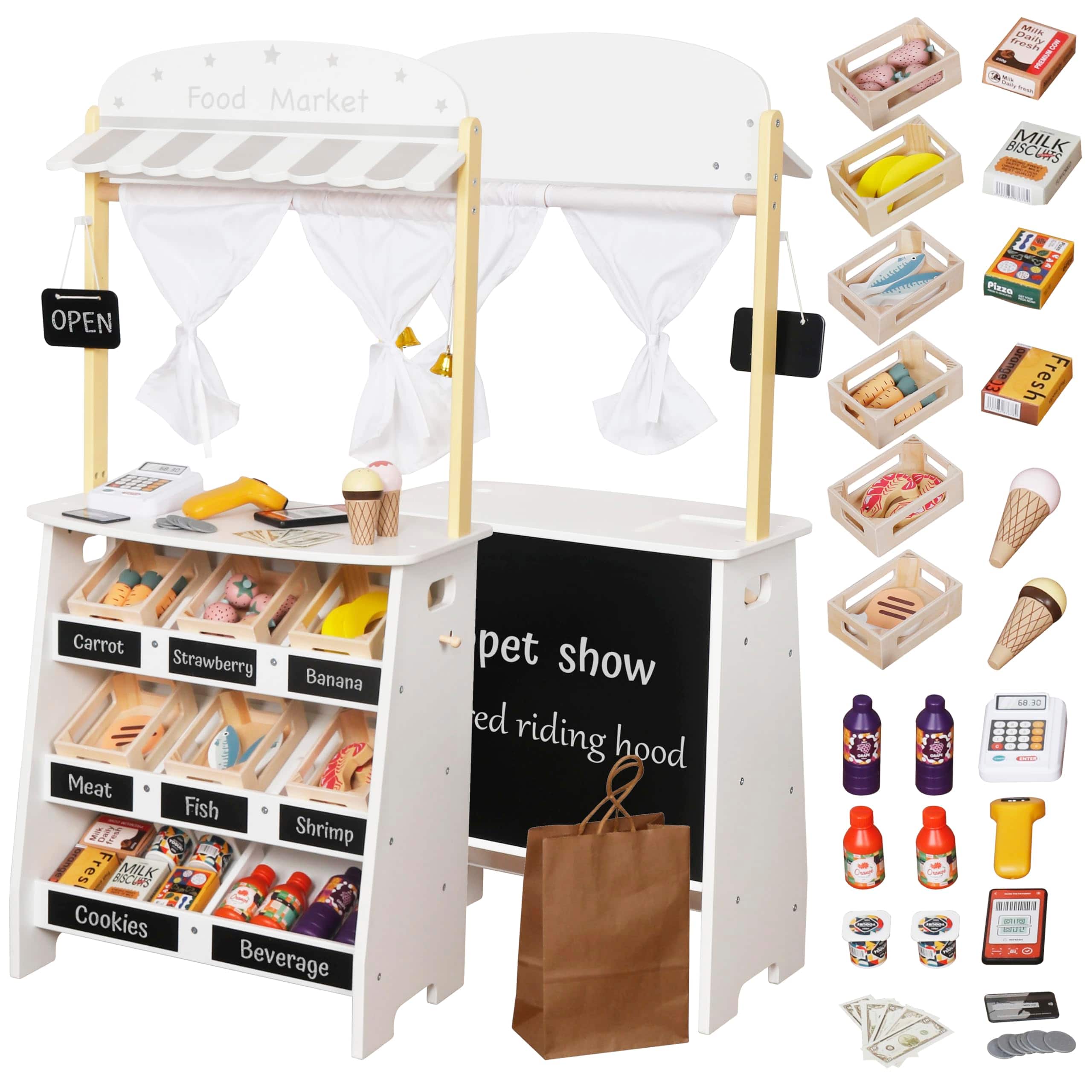 JETRANSPORT - Grocery Store Playset Pretend Play & Wooden Supermarket Shopping Cart With Register mobile storage organizer u - Default