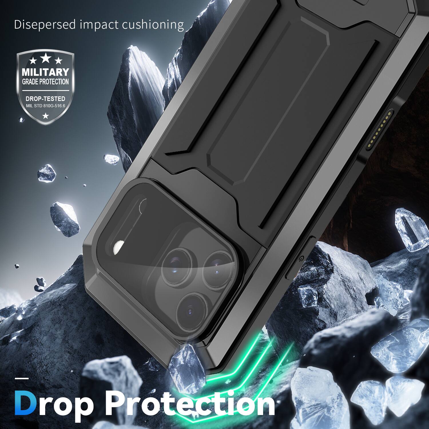 Dispersed impact cushioning  
MILITARY GRADE PROTECTION  
DROP-TESTED  
MIL STD 810G-516.6  

Drop Protection