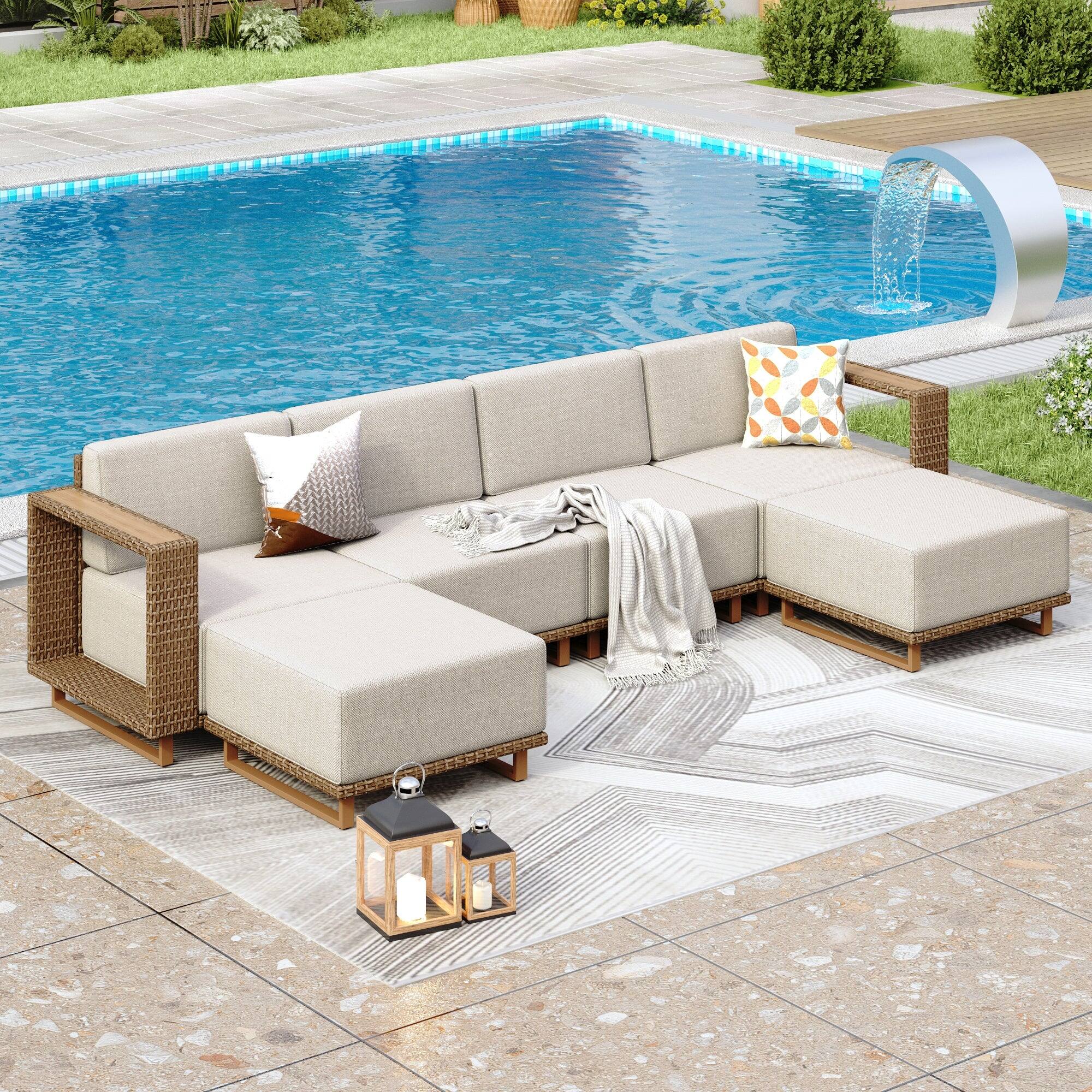 Front. SUMMIT LIVING - 6-Piece Wicker Patio Furniture Set, Outdoor Sectional Conversation Sofa with 2 Ottomans - Beige.