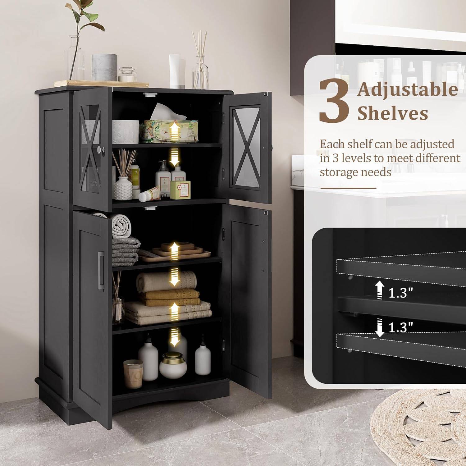 Adjustable 3 Shelves  
Each shelf can be adjusted in 3 levels to meet different storage needs  
1.3"  
1.3"