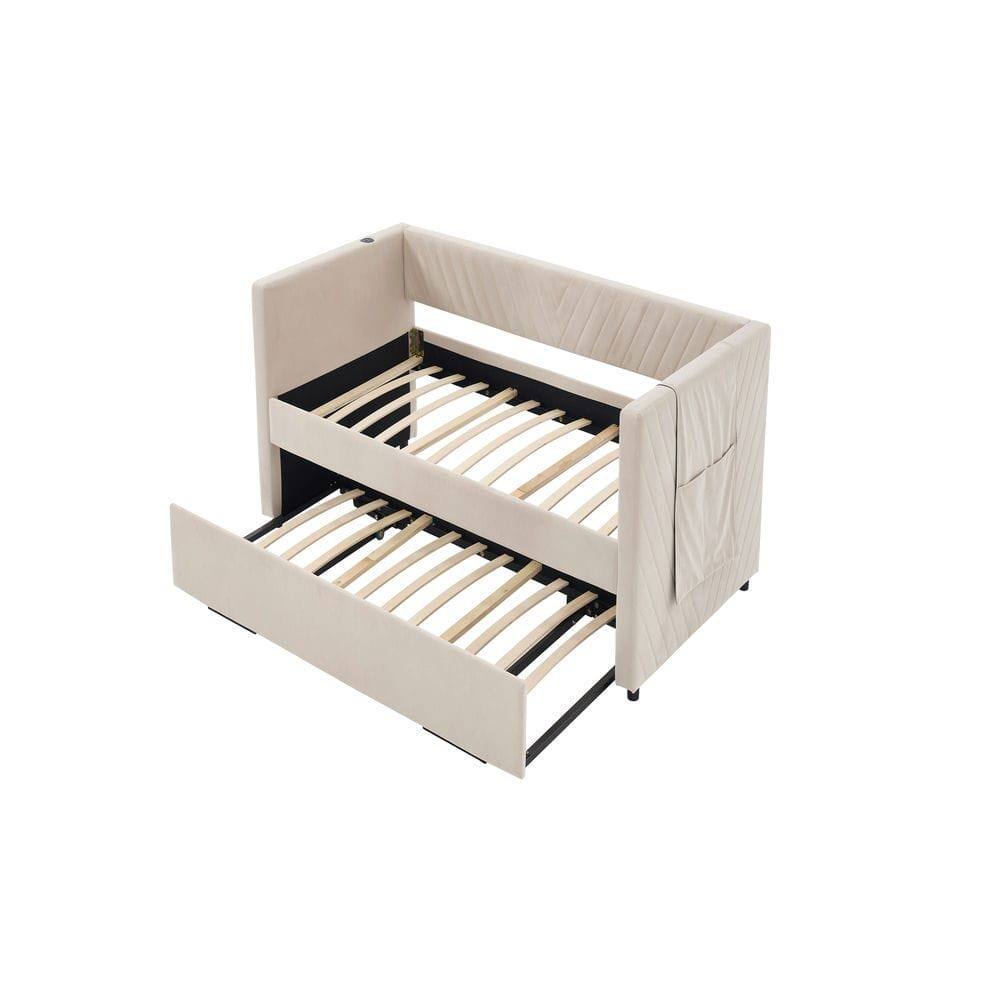 Alt View 10. Kadyn - Twin Upholstered Daybed with Trundle, USB Port & Side Pockets, Modern V-Grain Backrest, No Box Spring - Beige.