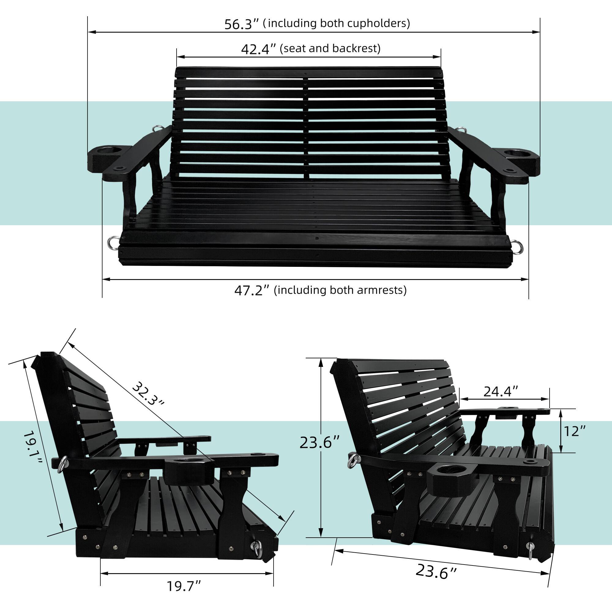 56.3" (including both cupholders)  
42.4" (seat and backrest)  
47.2" (including both armrests)  
19.1"  
32.3"  
23.6"  
24.4"  
12"  
19.7"  
23.6"