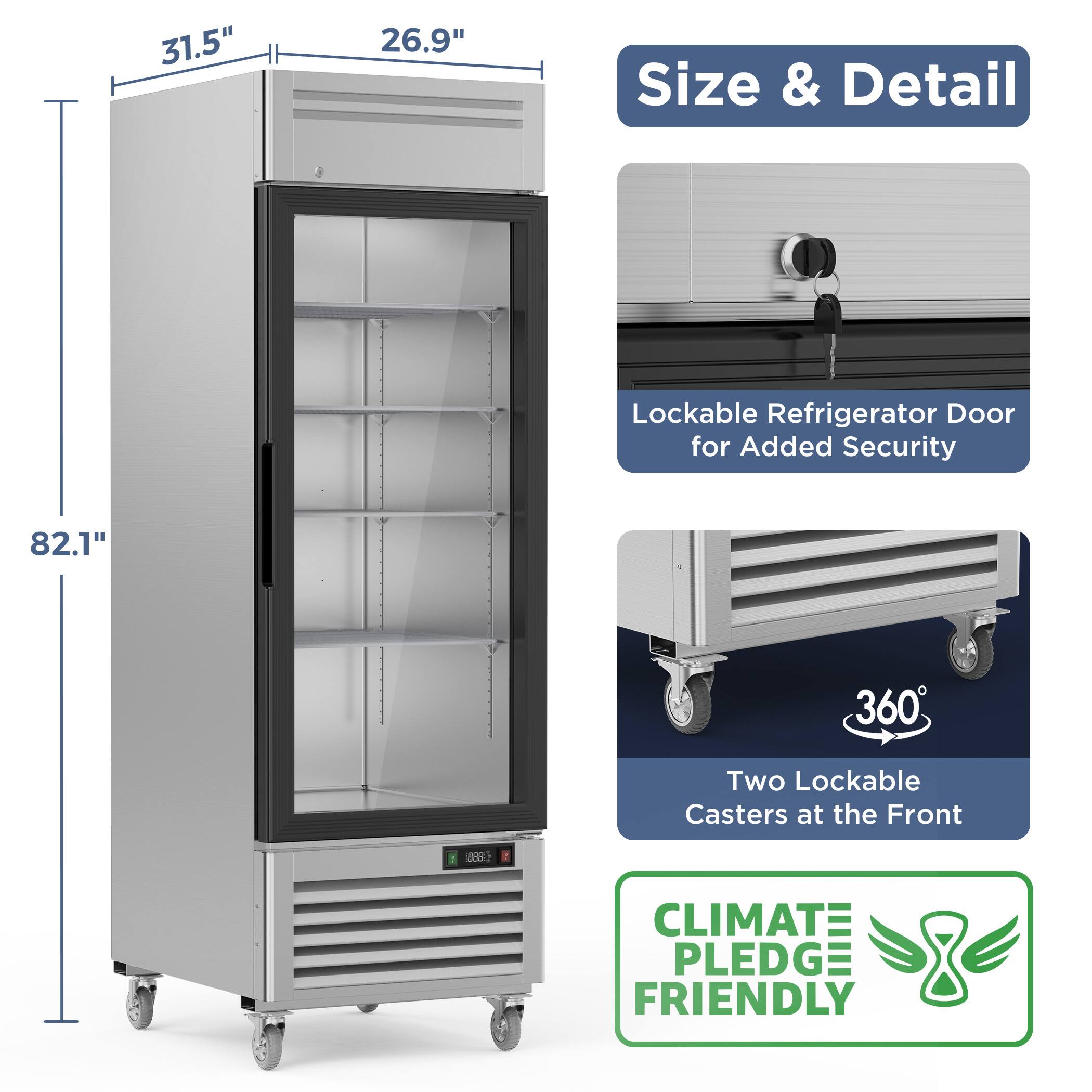 31.5" x 26.9" x 82.1"  
Size & Detail  
Lockable Refrigerator Door for Added Security  
360° Two Lockable Casters at the Front  
CLIMATE PLEDGE FRIENDLY