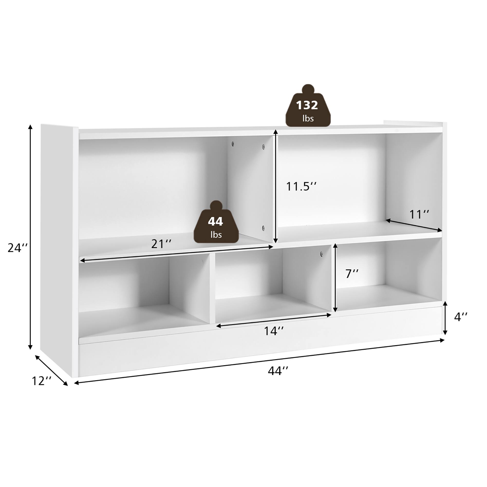 The image shows a white shelf with a brown object on top of it. The shelf is labeled with the dimensions of 132 lbs, 11.5" and 24" on the top shelf, and 21" and 44 lbs on the bottom shelf. The shelf is also labeled with the dimensions of 11" and 7" on the second shelf from the top, and 14" and 4" on the third shelf from the top. Additionally, the shelf is labeled with the dimensions of 12" and 44" on the fourth shelf from the top.