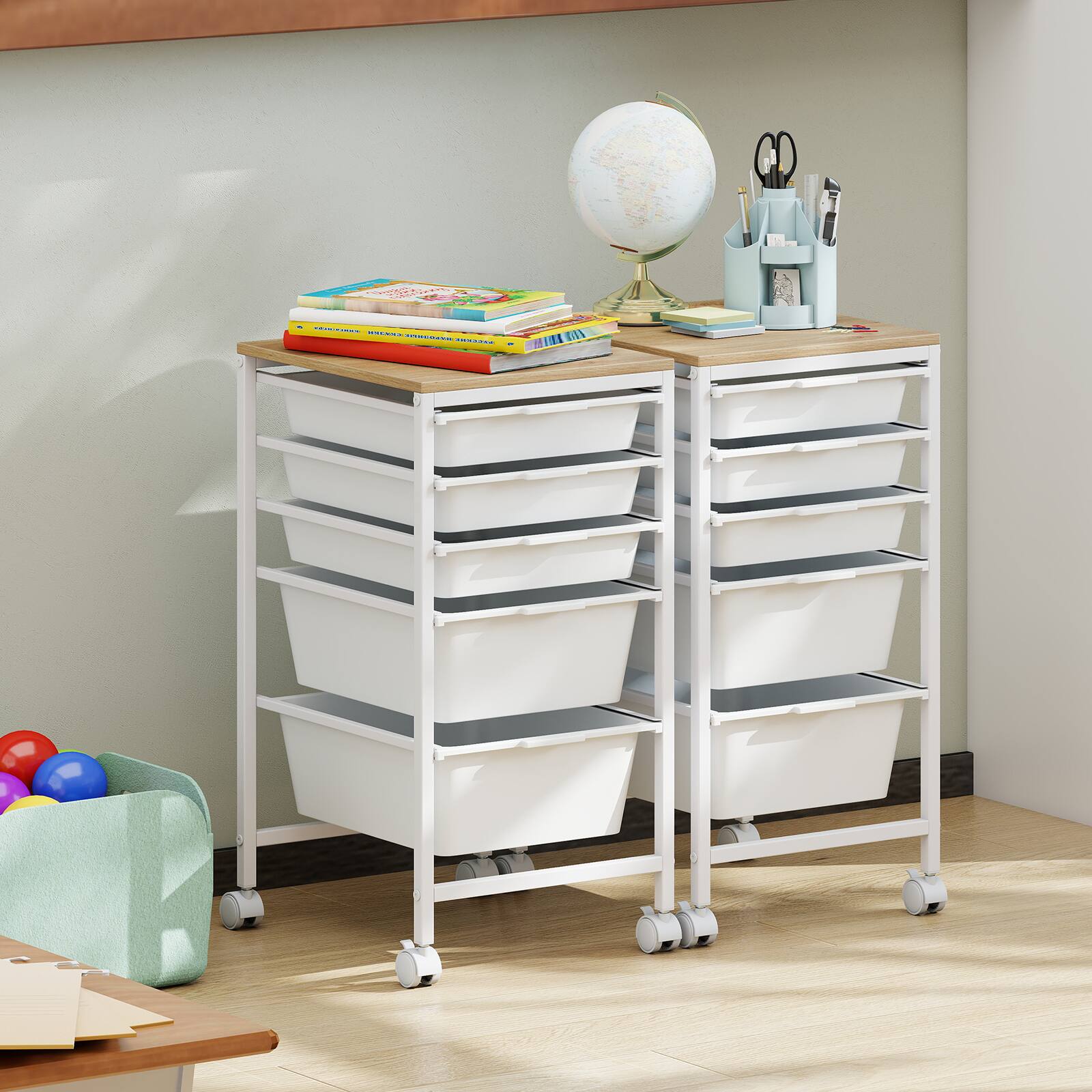 Alt View 3. Costway - Costway 5-Drawer Arts Rolling Storage Cart with Wooden Tabletop & Lockable Wheels for Office - Natural + White.