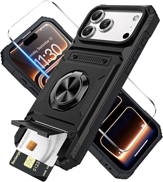 Gravity Ridge - for iPhone 17 Pro Max Wallet Case with Card Holder 360°Ring Kickstand Military Grade Drop Shockproof Rugged Case - Black